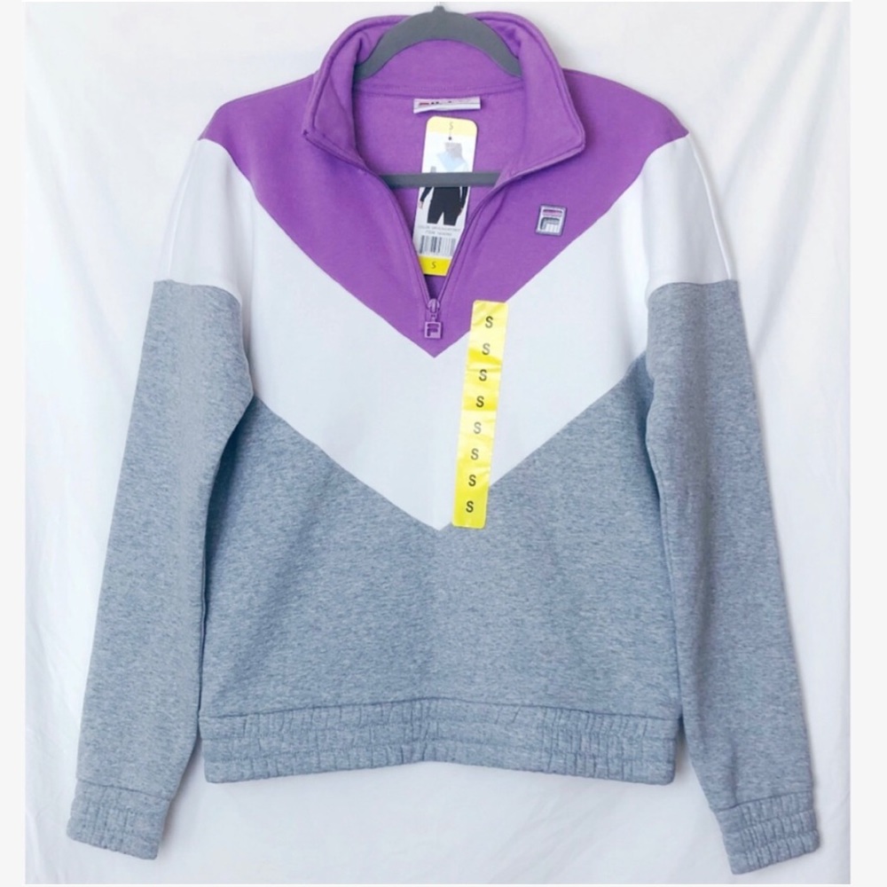 NEW! FILA Women 1/4 Zip Pullover Sweatshirt Lavender Grey White Sweater S